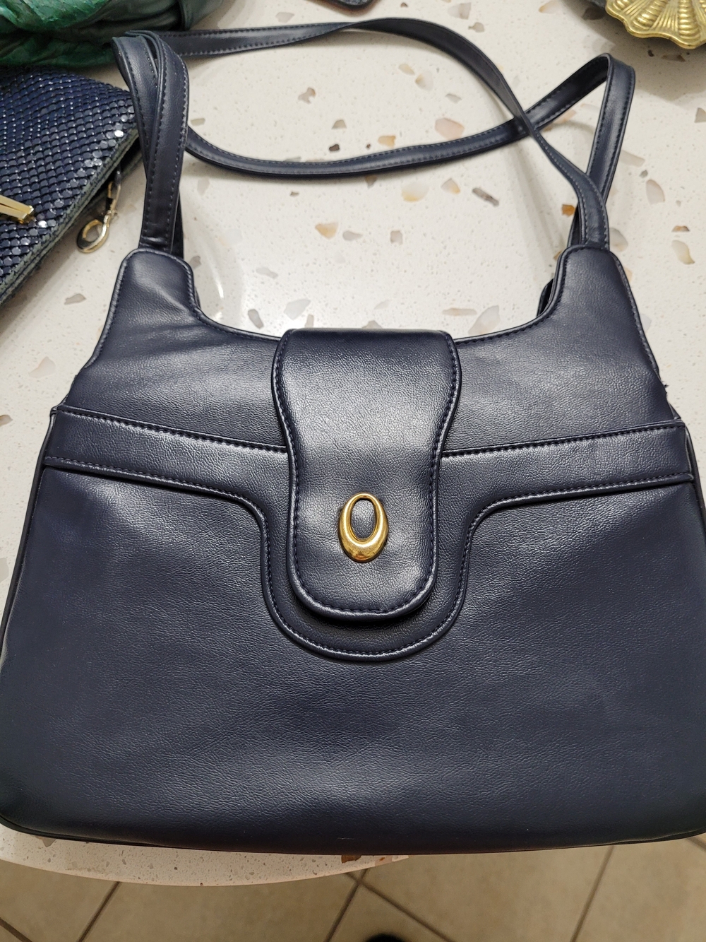 Vintage Navy Shoulder Bag with Gold Detail